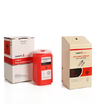 Post Medical Mailback Sharps Container Intro Kit Sharps Assure 3-3/4 L X 3-3/4 W X 7 H Inch 1 Quart Red Base / Translucent White Lid Vertical Entry