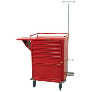 Harloff Crash Cart V-Series Steel Body and Drawers 22 X 33.25 X 67.4 Inch Height includes IV Pole Red (4)-3 Inch, (1)-6 Inch, (1)-12 Inch Drawer Configuration, 16.75 X 23 Inch Internal Drawer - M-937377-3924 - Each