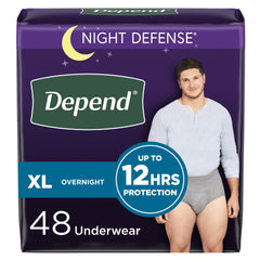 Absorbent Underwear Depend® Night Defense® Pull On with Tear Away Seams Adult X-Large Male Disposable Heavy Absorbency DEPEND NIGHT DEFENSE GRY XLG (12/PK 4PK/CS) MK-1224723