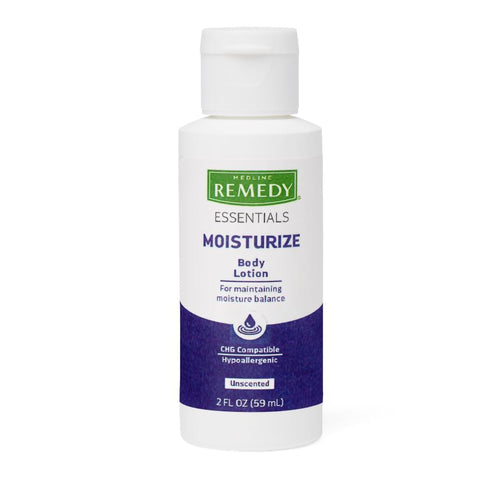 Hand and Body Moisturizer Medline Remedy® Essentials Moisturize 2 oz. Bottle Unscented Lotion CHG Compatible (96/CS) MK-1237760