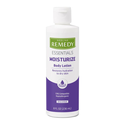Hand and Body Moisturizer Medline Remedy® Essentials Moisturize 8 oz. Bottle Unscented Lotion CHG Compatible (36/CS) MK-1237761