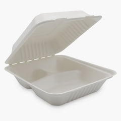 3 Compartment Clamshell Food Container Medd Max LLC 8 X 8 Inch White Compostable Bagasse TAKE OUTFIBER CLAMSHELL WHT 8" (200/C MK-1272438