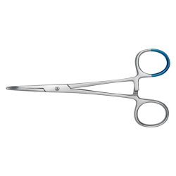 Hemostatic Forceps BioBlue Kelly 5-1/2 Inch Length Floor / Office Grade Stainless Steel Sterile Locking Finger Ring Handle Curved Blunt Serrated Tips CASE OF 25 MK-1281414