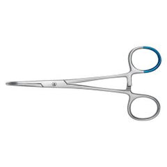 Hemostatic Forceps BioBlue Kelly 5-1/2 Inch Length Floor / Office Grade Stainless Steel Sterile Locking Finger Ring Handle Curved Blunt Serrated Tips CASE OF 25 MK-1281414