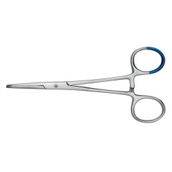Hemostatic Forceps BioBlue Kelly 5-1/2 Inch Length Floor / Office Grade Stainless Steel Sterile Locking Finger Ring Handle Straight Blunt Serrated Tips CASE OF 25 MK-1281417