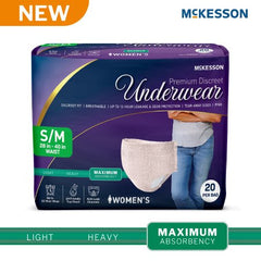 Absorbent Underwear McKesson Premium Discreet Pull On with Tear Away Seams Adult Small / Medium Female Disposable Heavy Absorbency UNDERWEAR, MAXIMUM DISP PNK SM/MED 28-40" (20/BG 4BG/CS) MK-1282078