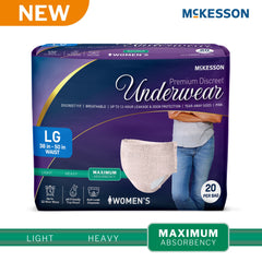 Absorbent Underwear McKesson Premium Discreet Pull On with Tear Away Seams Adult Large Female Disposable Heavy Absorbency UNDERWEAR, MAXIMUM DISP PNK LG38-50" (20/BG 4BG/CS) MK-1282083