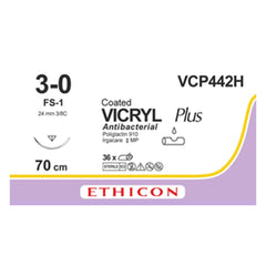 Absorbable Antibacterial Suture with Needle Coated Vicryl™ Plus Polyglactin 910 FS-1 3/8 Circle Reverse Cutting Needle Size 3-0 Braided  (36/BX) MK-458145