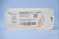 Absorbable Antibacterial Suture with Needle Monocryl™ Plus Poliglecaprone 25 with Irgacare MP Antibacterial Suture PS-2 3/8 Circle Precision Reverse Cutting Needle Size 3-0 Monofilament (12/BX) MK-547515