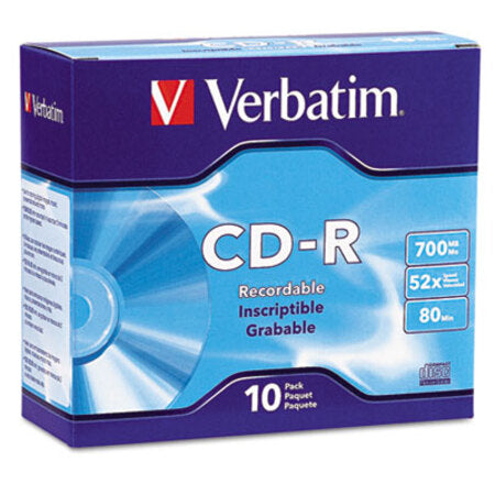 Verbatim® CD-R Discs, 700MB/80min, 52x, w/Slim Jewel Cases, Silver, 10/Pack