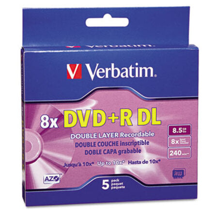Verbatim® Dual-Layer DVD+R Discs, 8.5GB, 8x, w/Jewel Cases, 5/Pack, Silver