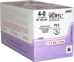 Suture with Needle Coated Vicryl Absorbable Coated Undyed Suture Braided Polyglactin 910 Size 4 - 0 18 Inch Suture 1-Needle 13 mm Length 1/2 Circle Reverse Cutting Needle