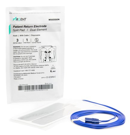 Patient Return Electrode McKesson Argent™ Adult, Disposable, With Cable, Split Pad / Dual Element - M-1018818-4763 - Each