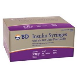 Becton Dickinson Insulin Syringe with Needle Ultra-Fine™ 0.3 mL 30 Gauge 1/2 Inch Attached Needle Without Safety - M-1030266-2138 - Case of 50