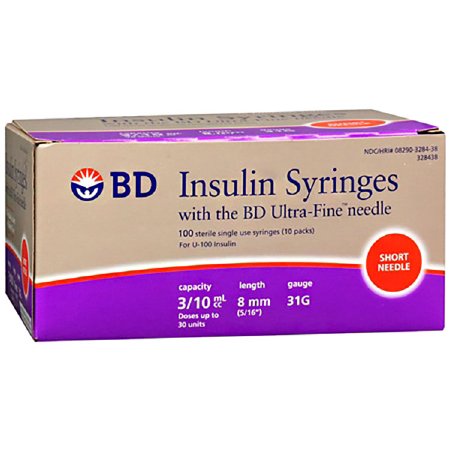 Becton Dickinson Insulin Syringe with Needle Ultra-Fine™ 0.3 mL 31 Gauge 5/16 Inch Attached Needle Without Safety - M-1030268-3015 - Case of 50