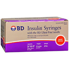 Becton Dickinson Insulin Syringe with Needle Ultra-Fine™ 0.3 mL 31 Gauge 5/16 Inch Attached Needle Without Safety - M-1030268-3015 - Case of 50