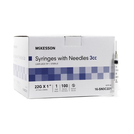 Syringe with Hypodermic Needle McKesson 3 mL 22 Gauge 1 Inch Detachable Needle Without Safety - M-1031809-3695 - Box of 100