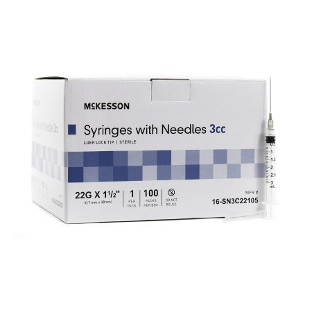 Syringe with Hypodermic Needle McKesson 3 mL 22 Gauge 1-1/2 Inch Detachable Needle Without Safety - M-1031810-1707 - Case of 1000