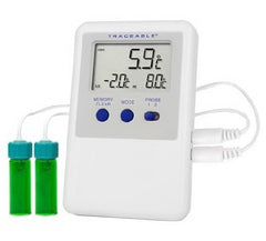 Cole-Parmer Inst. Digital Refrigerator / Freezer Thermometer with Alarm Traceable® Ultra™ Celsius -58° to +158°F (-50° to +70°C) 2 Vaccine Bottle Probes Multiple Mounting Options Battery Operated