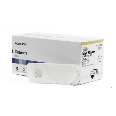 Suture with Needle McKesson Absorbable Uncoated Undyed Suture Chromic Gut Size 3 - 0 30 Inch Suture 1-Needle 19 mm Length 3/8 Circle Reverse Cutting Needle