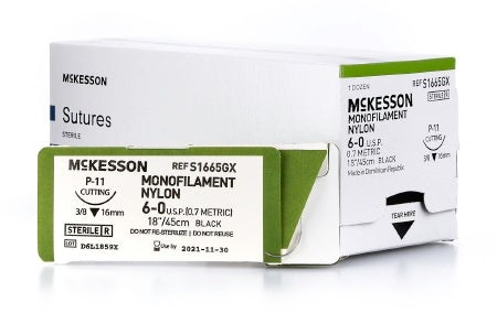 Suture with Needle McKesson Nonabsorbable Uncoated Black Suture Monofilament Nylon Size 6 - 0 18 Inch Suture 1-Needle 16 mm Length 3/8 Circle Reverse Cutting Needle