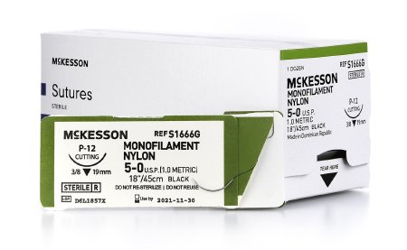 Suture with Needle McKesson Nonabsorbable Uncoated Black Suture Monofilament Nylon Size 5 - 0 18 Inch Suture 1-Needle 19 mm Length 3/8 Circle Reverse Cutting Needle