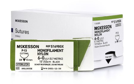 Suture with Needle McKesson Nonabsorbable Uncoated Black Suture Monofilament Nylon Size 6 - 0 18 Inch Suture 1-Needle 13 mm Length 3/8 Circle Reverse Cutting Needle