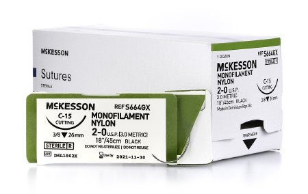 Suture with Needle McKesson Nonabsorbable Uncoated Black Suture Monofilament Nylon Size 2 - 0 18 Inch Suture 1-Needle 26 mm Length 3/8 Circle Reverse Cutting Needle