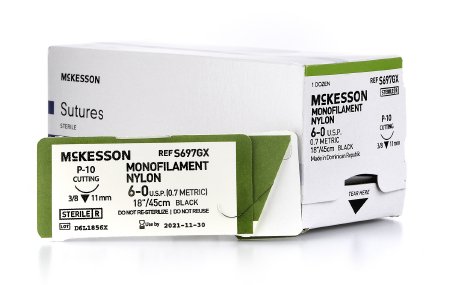 Suture with Needle McKesson Nonabsorbable Uncoated Black Suture Monofilament Nylon Size 6 - 0 18 Inch Suture 1-Needle 11 mm Length 3/8 Circle Reverse Cutting Needle