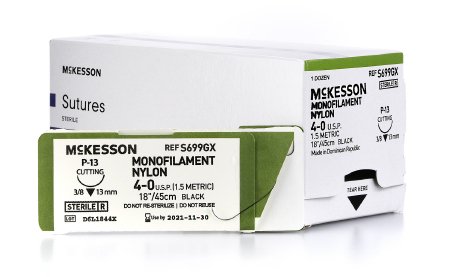 Suture with Needle McKesson Nonabsorbable Uncoated Black Suture Monofilament Nylon Size 4 - 0 18 Inch Suture 1-Needle 13 mm Length 3/8 Circle Reverse Cutting Needle