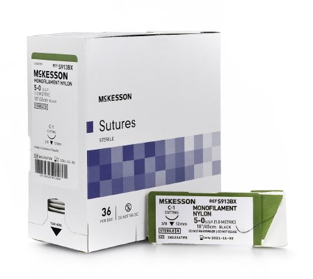 Suture with Needle McKesson Nonabsorbable Uncoated Black Suture Monofilament Nylon Size 5 - 0 18 Inch Suture 1-Needle 12 mm Length 3/8 Circle Reverse Cutting Needle