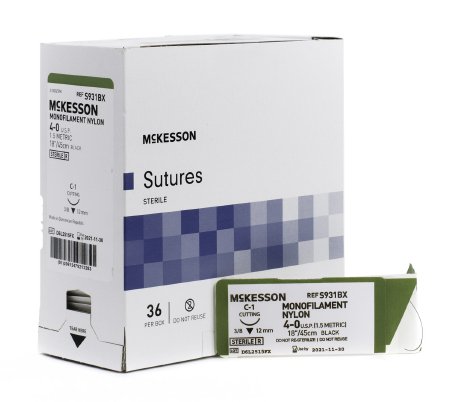 Suture with Needle McKesson Nonabsorbable Uncoated Black Suture Monofilament Nylon Size 4 - 0 18 Inch Suture 1-Needle 12 mm Length 3/8 Circle Reverse Cutting Needle