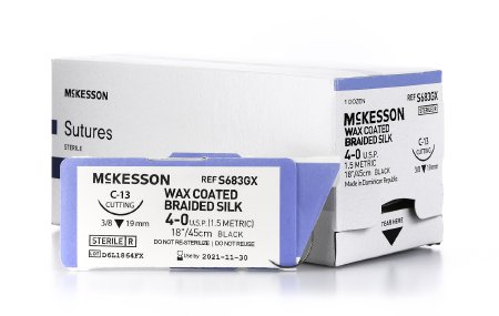 Suture with Needle McKesson Nonabsorbable Uncoated Black Suture Braided Silk Size 4 - 0 18 Inch Suture 1-Needle 19 mm Length 3/8 Circle Reverse Cutting Needle