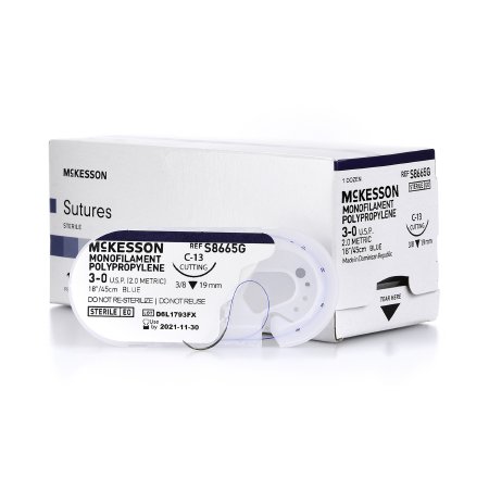 Suture with Needle McKesson Nonabsorbable Uncoated Blue Suture Monofilament Polypropylene Suture Size 3 - 0 18 Inch Suture 1-Needle 19 mm Length 3/8 Circle Reverse Cutting Needle