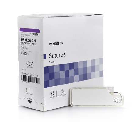 Suture with Needle McKesson Absorbable Uncoated Undyed Suture Braided Polyglycolic Acid Suture Size 2 - 0 30 Inch Suture 1-Needle 26 mm Length 1/2 Circle Taper Point Needle