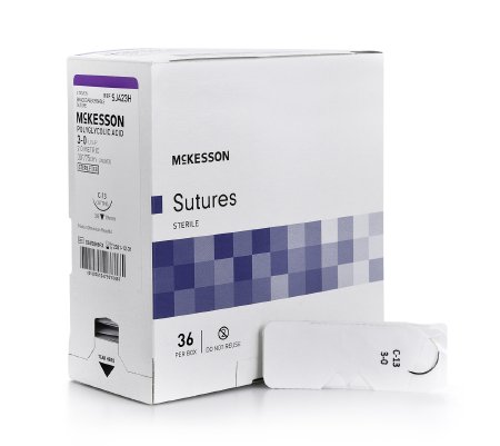 Suture with Needle McKesson Absorbable Uncoated Undyed Suture Braided Polyglycolic Acid Suture Size 3 - 0 30 Inch Suture 1-Needle 19 mm Length 3/8 Circle Reverse Cutting Needle