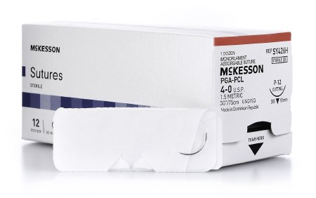 Suture with Needle McKesson Absorbable Uncoated Undyed Suture Monofilament Polyglycolic Acid / PCL Size 4 - 0 30 Inch Suture 1-Needle 19 mm Length 3/8 Circle Reverse Cutting Needle