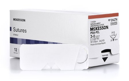 Suture with Needle McKesson Absorbable Uncoated Undyed Suture Monofilament Polyglycolic Acid / PCL Size 3 - 0 30 Inch Suture 1-Needle 19 mm Length 3/8 Circle Reverse Cutting Needle