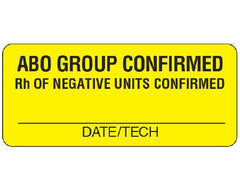 Shamrock Scientific Pre-Printed Label Shamrock Laboratory Use Yellow Matte Coldstick ABO GROUP CONFIRMED / Rh OF NEGATIVE UNITS CONFIRMED / _____ / DATE/TECH Black Lab / Specimen 1 X 2-1/4 Inch - M-1036555-1859 - Roll of 1