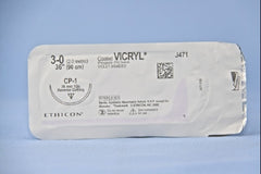 Suture with Needle Coated Vicryl Absorbable Coated Violet Suture Braided Polyglactin 910 Size 3 - 0 36 Inch Suture 1-Needle 36 mm Length 1/2 Circle Reverse Cutting Needle