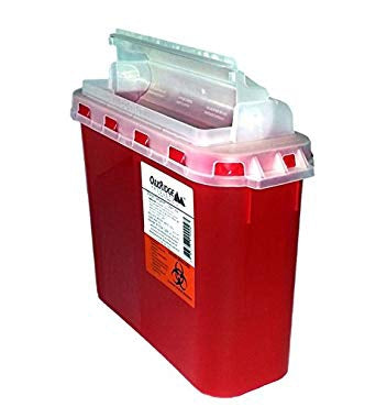 OakRidge Products Sharps Container OakRidge™ 10-3/20 H X 4.67 W X 12.09 L Inch 5.4 Quart Translucent Red Base / Translucent Lid Horizontal Entry Flap Lid