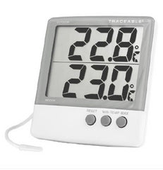 Cole-Parmer Inst. Digital Thermometer with Alarm Traceable® Fahrenheit / Celsius -58° to +158°F (-50° to +70°C) Internal Sensor / External Probe Multiple Mounting Options Battery Operated