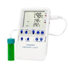 Cole-Parmer Inst. Datalogging Refrigerator / Freezer Thermometer with Alarm Traceable® Fahrenheit / Celsius -58° to +158°F (-50° to +70°C) Vaccine Bottle Probe Multiple Mounting Options Battery Operated