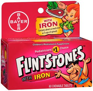 Bayer Pediatric Multivitamin Supplement Flintstones™ with Iron Vitamin A / Ascorbic Acid / Vitamin D / Iron 1300 IU - 60mg - 600 - 15 IU Chewable Tablet 60 per Bottle Assorted Fruit Flavors