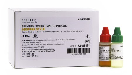 Urine Chemistry Urinalysis Control McKesson Consult™ Analyte Testing Positive Level / Negative Level 5 Level 1 (Abnormal) 5 mL Bottles, 5 Level 2 (Normal with hCG) 5 mL Bottles