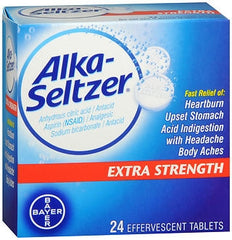 Bayer Pain Relief Alka-Seltzer® Extra Strength 1,000 mg - 500 mg - 1985 mg Strength Anhydrous Citric Acid / Aspirin / Sodium Bicarbonate Effervescent Tablet 24 per Box