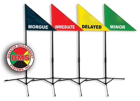 Disaster Management Systems Treatment Area Flag Kit (1)Red, Immediate Flag, (1) Yellow, Delayed Flag, (1) Green, Minor Flag, (1) Black, Morgue Flag, (4) Fold-Up Tripod Bases, (4) Telescopic Poles, (1)Durable Carry Bag