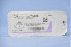 Suture with Needle Coated Vicryl Absorbable Coated Undyed Suture Braided Polyglactin 910 Size 2 - 0 27 Inch Suture 1-Needle 36.4 mm Length 1/2 Circle Reverse Cutting Needle