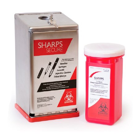 Sharps Compliance Needle Disposal Container Sharps Secure 8.62 H X 4.5 W X 4.5 L Inch 1.5 Quart Red Base / White Lid Vertical Entry Tethered Snap On Lid