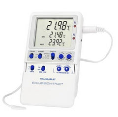 Cole-Parmer Inst. Datalogging Refrigerator / Freezer Thermometer with Alarm Traceable® Excursion-Trac™ Fahrenheit / Celsius -58° to +158°F (-50° to +70°C) Bullet Probe Multiple Mounting Options Battery Operated